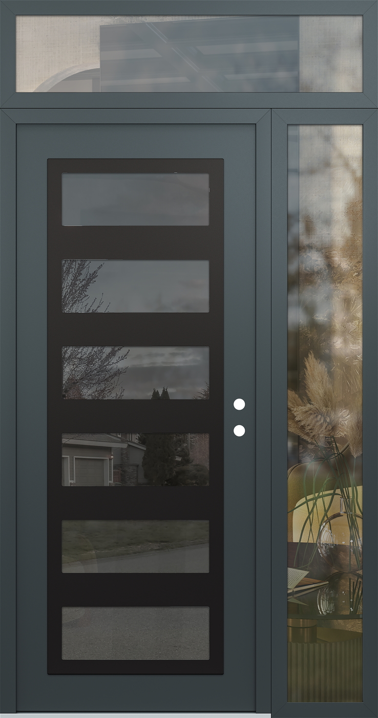 Modern Steel Front Door Diamond C9 52" x 96" anthracite/anthracite mirrored Glass Panel black LHI with Sidelite and Transom clear Glass