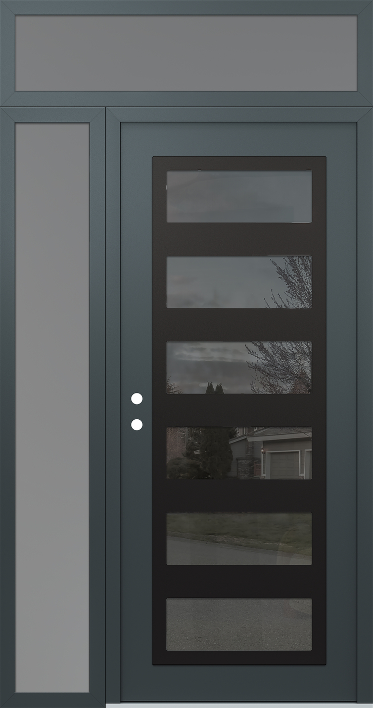 Modern Steel Front Door Diamond C9 52" x 96" anthracite/anthracite mirrored Glass Panel black RHI with Sidelite and Transom frosted Glass