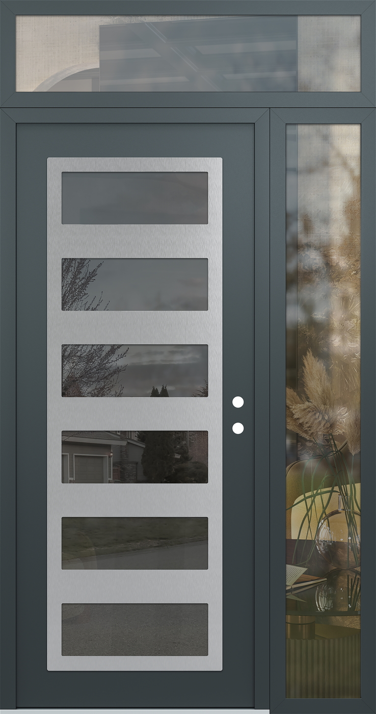 Modern Steel Front Door Diamond C9 52" x 96" anthracite/anthracite mirrored Glass Panel stainless steel LHI with Sidelite and Transom clear Glass