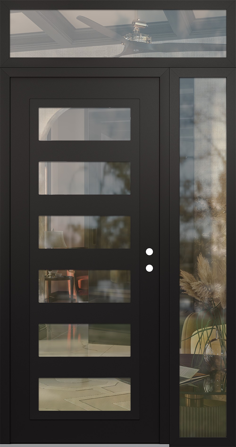 Modern Steel Front Door Diamond C9 52" x 96" black/black clear Glass Panel black LHI with Sidelite and Transom clear Glass