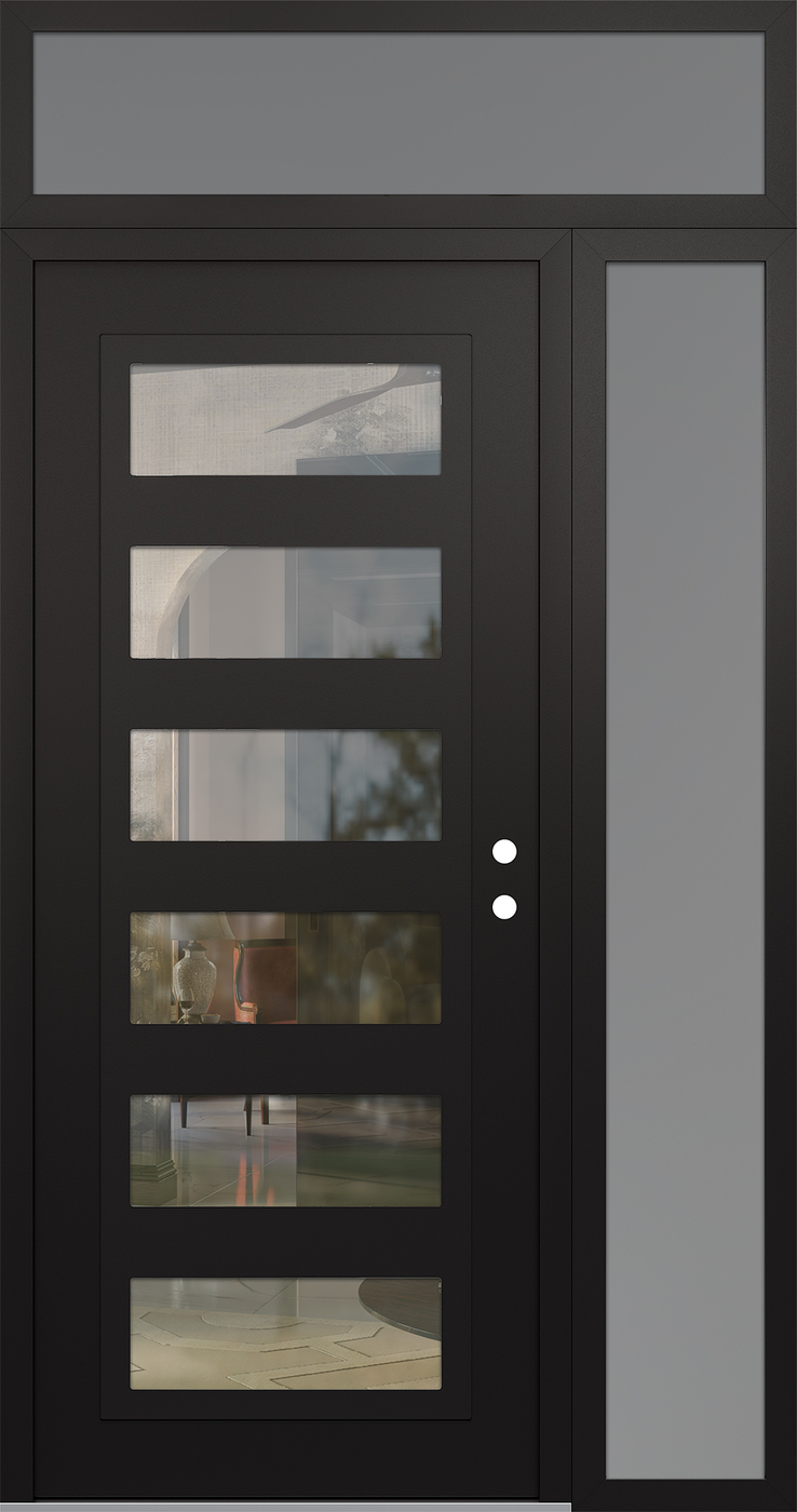 Modern Steel Front Door Diamond C9 52" x 96" black/black clear Glass Panel black LHI with Sidelite and Transom frosted Glass