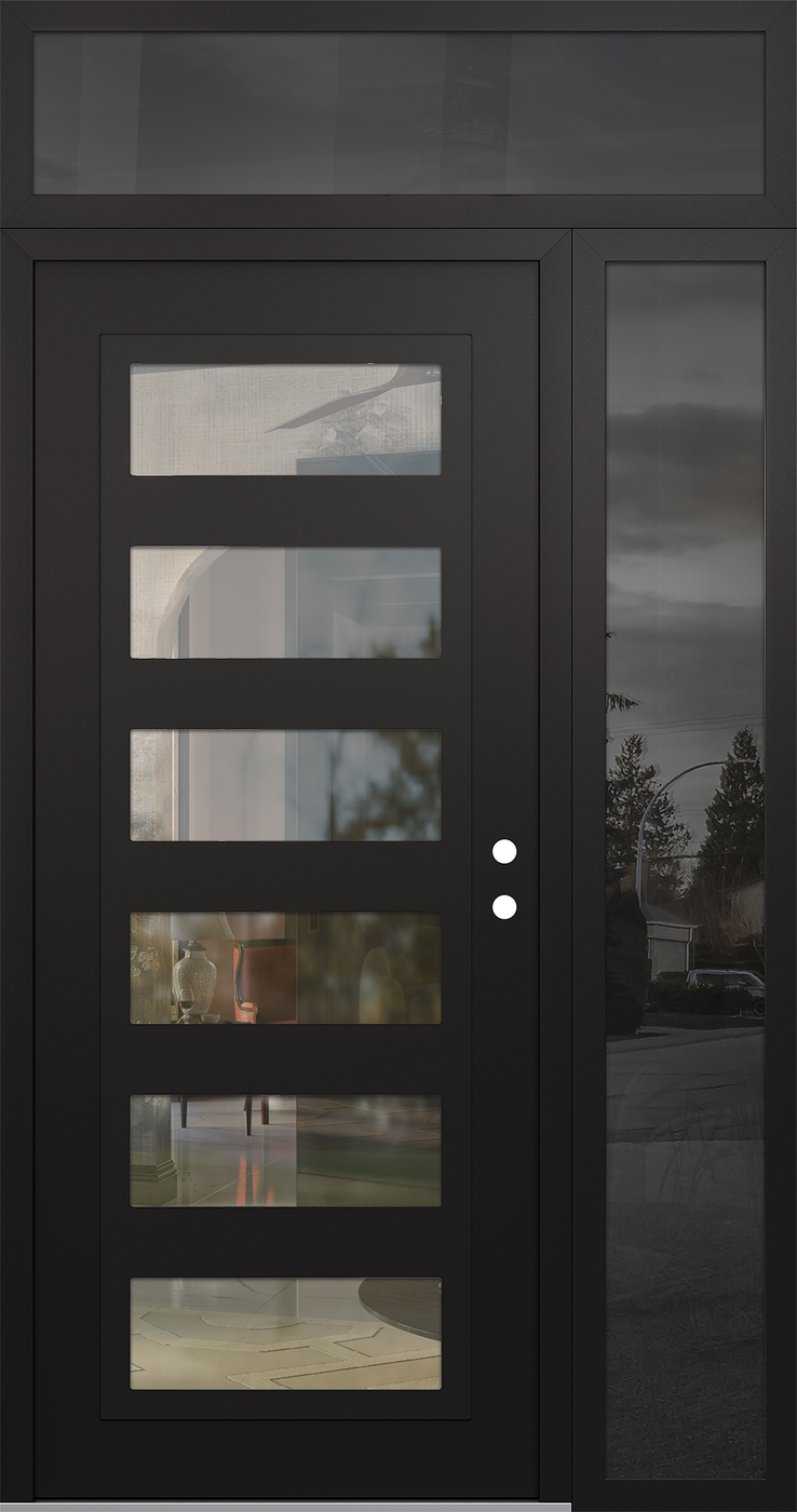 Modern Steel Front Door Diamond C9 52" x 96" black/black clear Glass Panel black LHI with Sidelite and Transom mirrored Glass