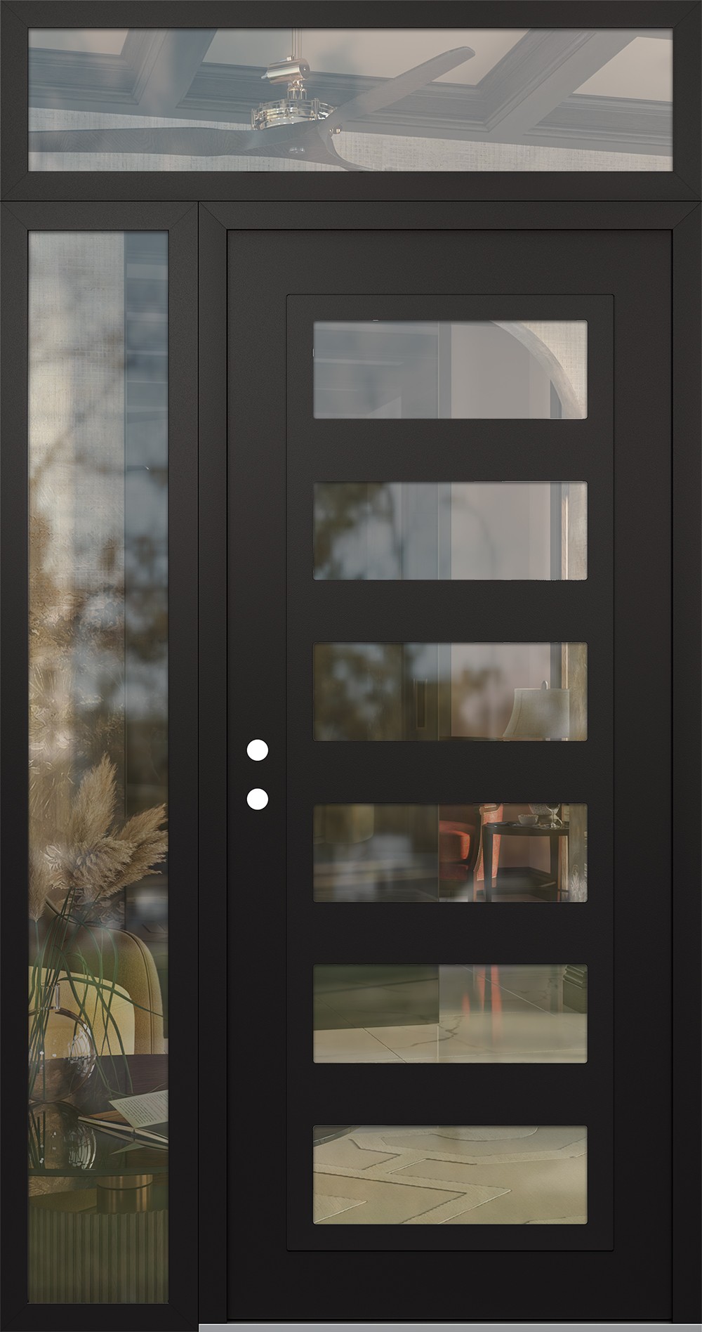 Modern Steel Front Door Diamond C9 52" x 96" black/black clear Glass Panel black RHI with Sidelite and Transom clear Glass