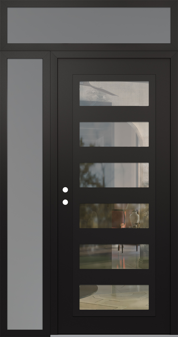 Modern Steel Front Door Diamond C9 52" x 96" black/black clear Glass Panel black RHI with Sidelite and Transom frosted Glass