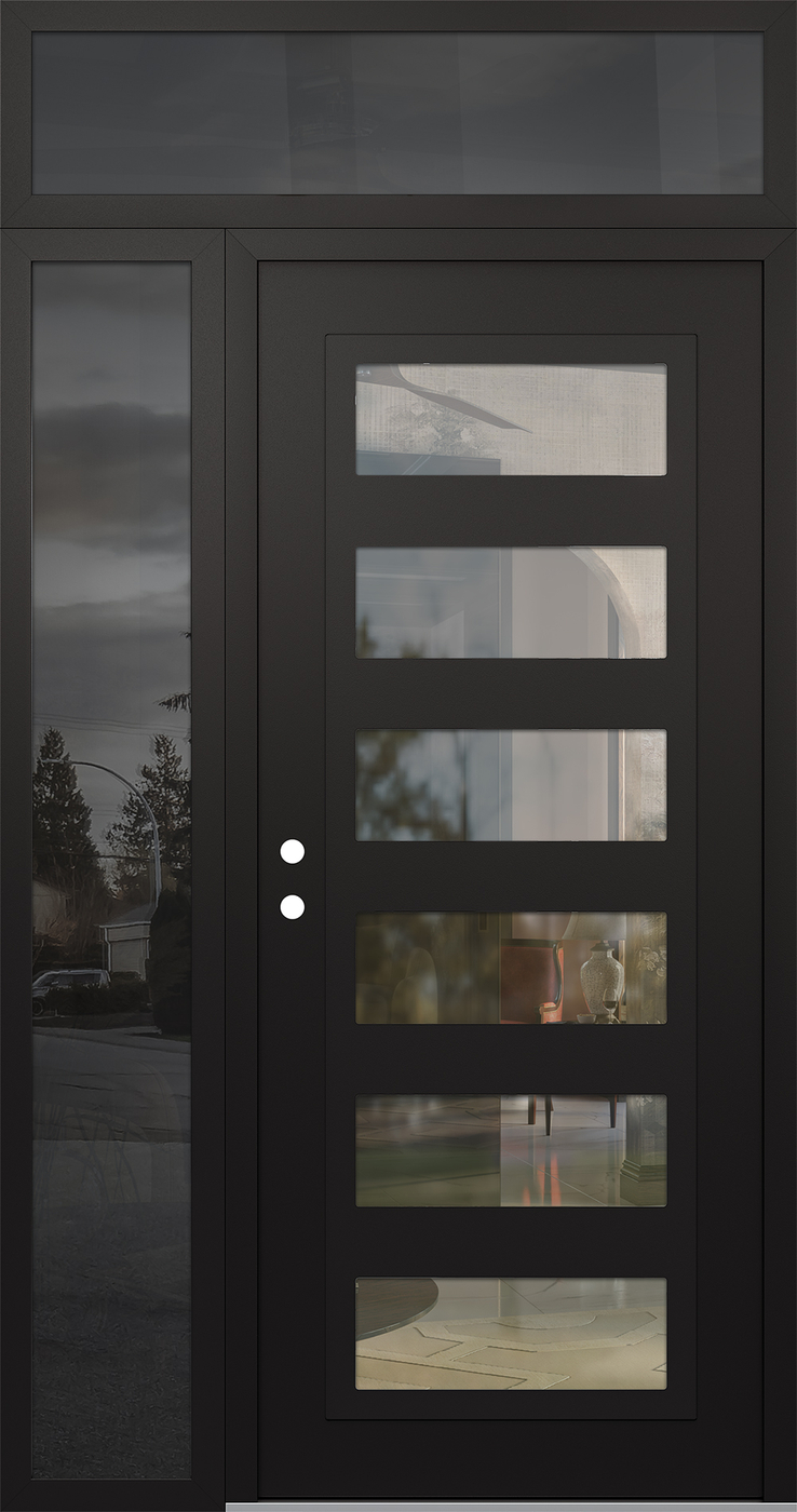 Modern Steel Front Door Diamond C9 52" x 96" black/black clear Glass Panel black RHI with Sidelite and Transom mirrored Glass