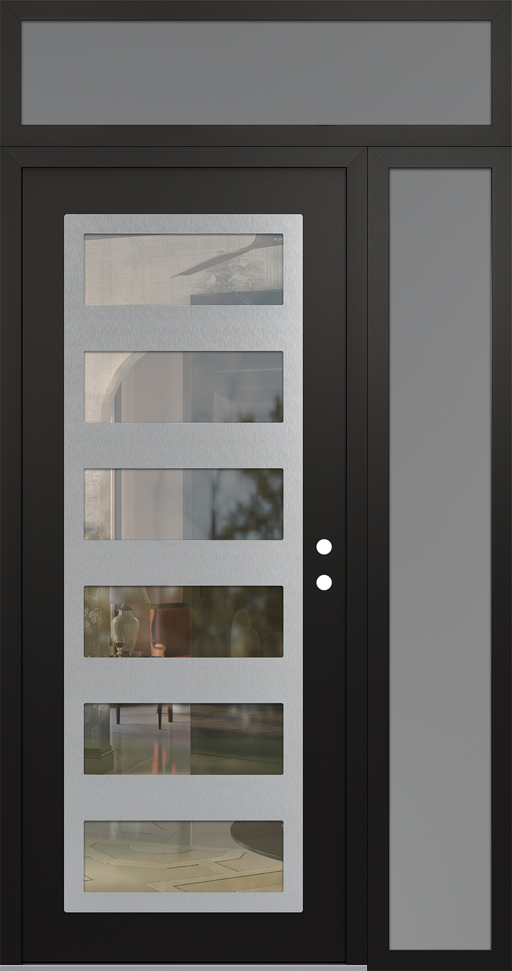 Modern Steel Front Door Diamond C9 52" x 96" black/black clear Glass Panel stainless steel LHI with Sidelite and Transom frosted Glass