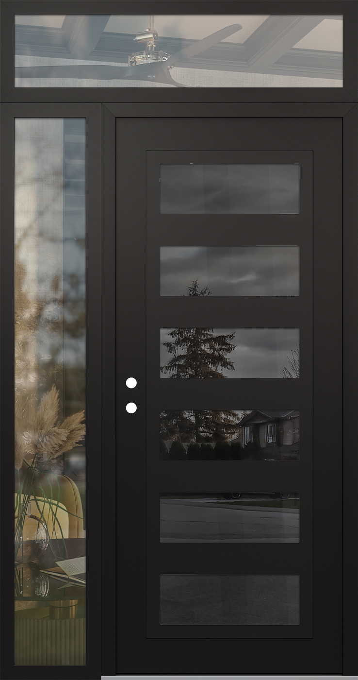 Modern Steel Front Door Diamond C9 52" x 96" black/black mirrored Glass Panel black RHI with Sidelite and Transom clear Glass