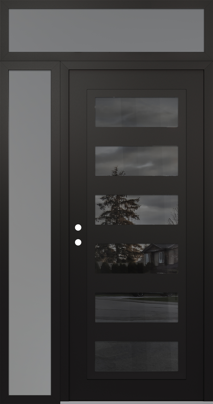 Modern Steel Front Door Diamond C9 52" x 96" black/black mirrored Glass Panel black RHI with Sidelite and Transom frosted Glass