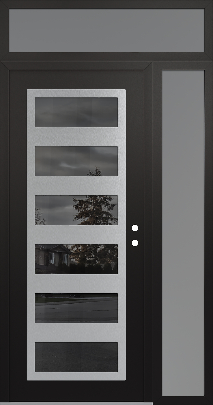 Modern Steel Front Door Diamond C9 52" x 96" black/black mirrored Glass Panel stainless steel LHI with Sidelite and Transom frosted Glass