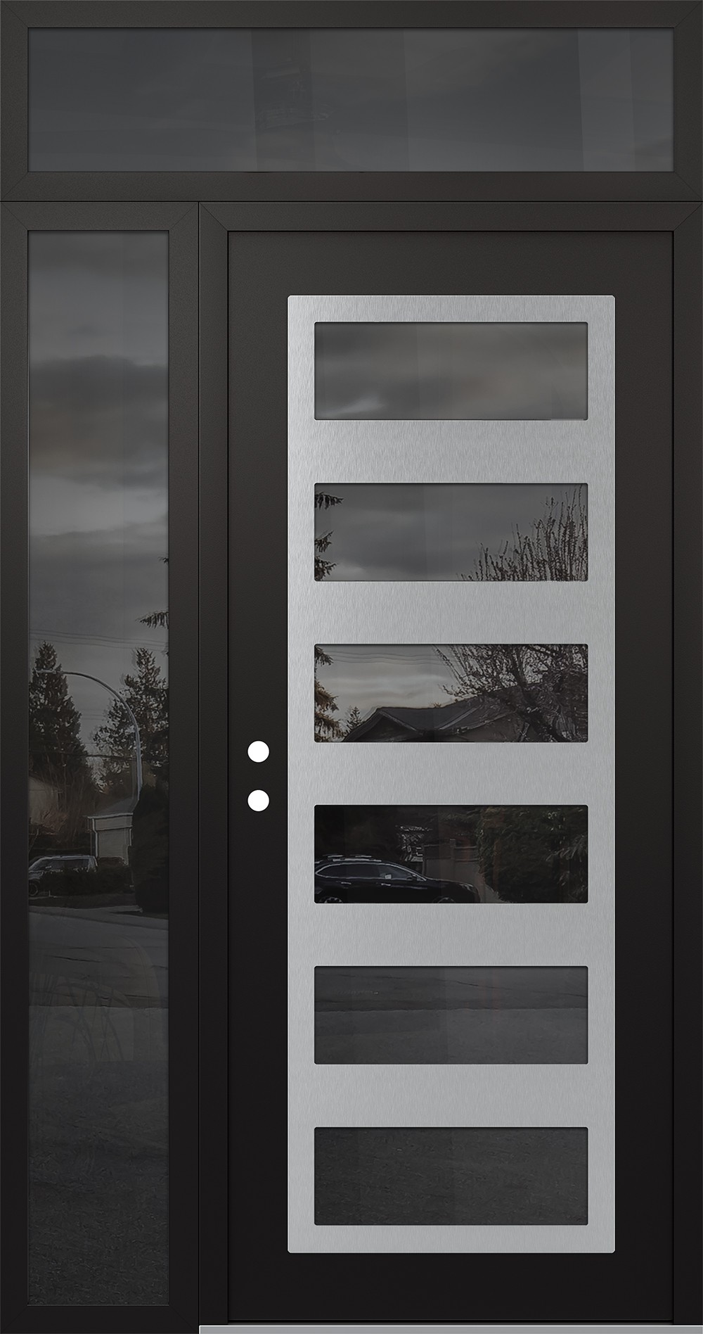 Modern Steel Front Door Diamond C9 52" x 96" black/black mirrored Glass Panel stainless steel RHI with Sidelite and Transom mirrored Glass