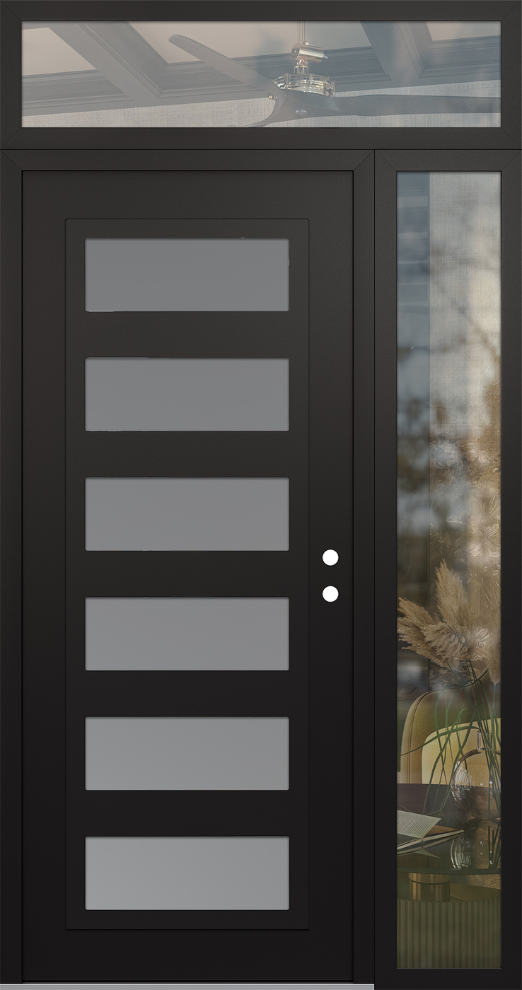 Modern Steel Front Door Diamond C9 52" x 96" black/white frosted Glass Panel black LHI with Sidelite and Transom clear Glass