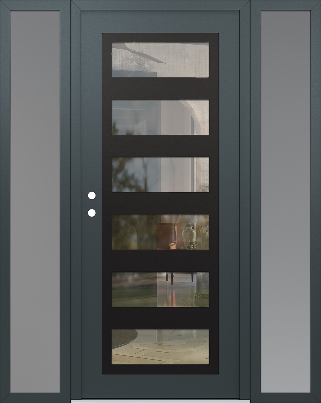 Modern Steel Front Door Diamond C9 60" x 80" anthracite/anthracite clear Glass Panel black RHI with 2 Sidelites frosted Glass