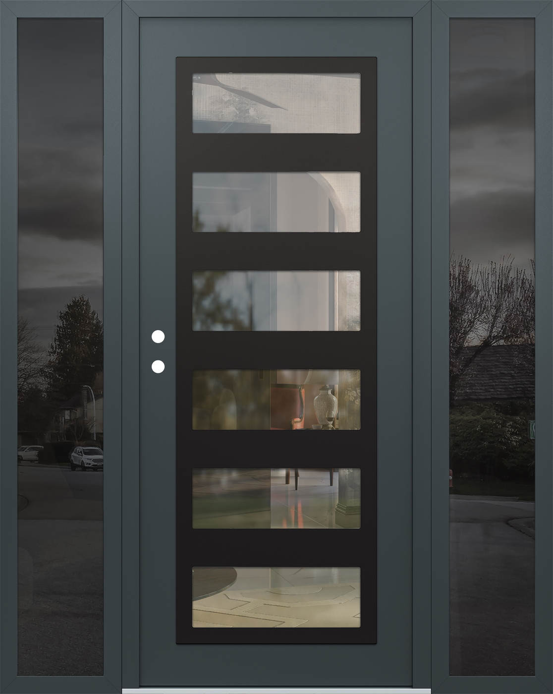 Modern Steel Front Door Diamond C9 60" x 80" anthracite/anthracite clear Glass Panel black RHI with 2 Sidelites mirrored Glass