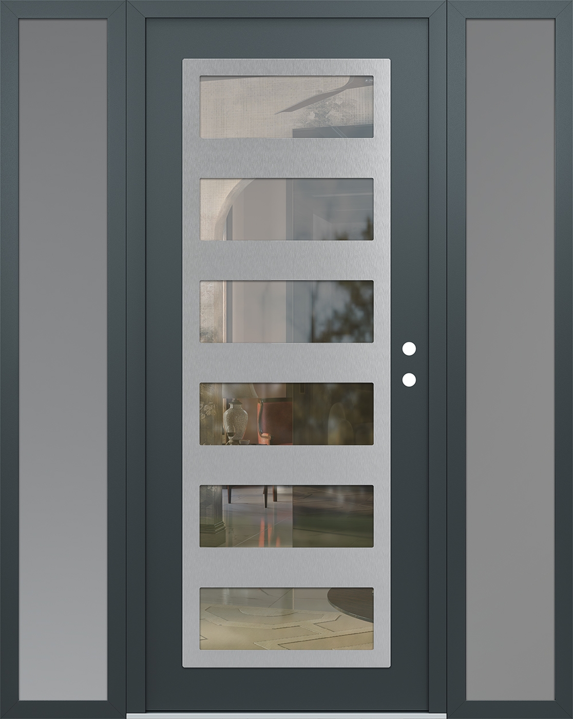 Modern Steel Front Door Diamond C9 60" x 80" anthracite/anthracite clear Glass Panel stainless steel LHI with 2 Sidelites frosted Glass