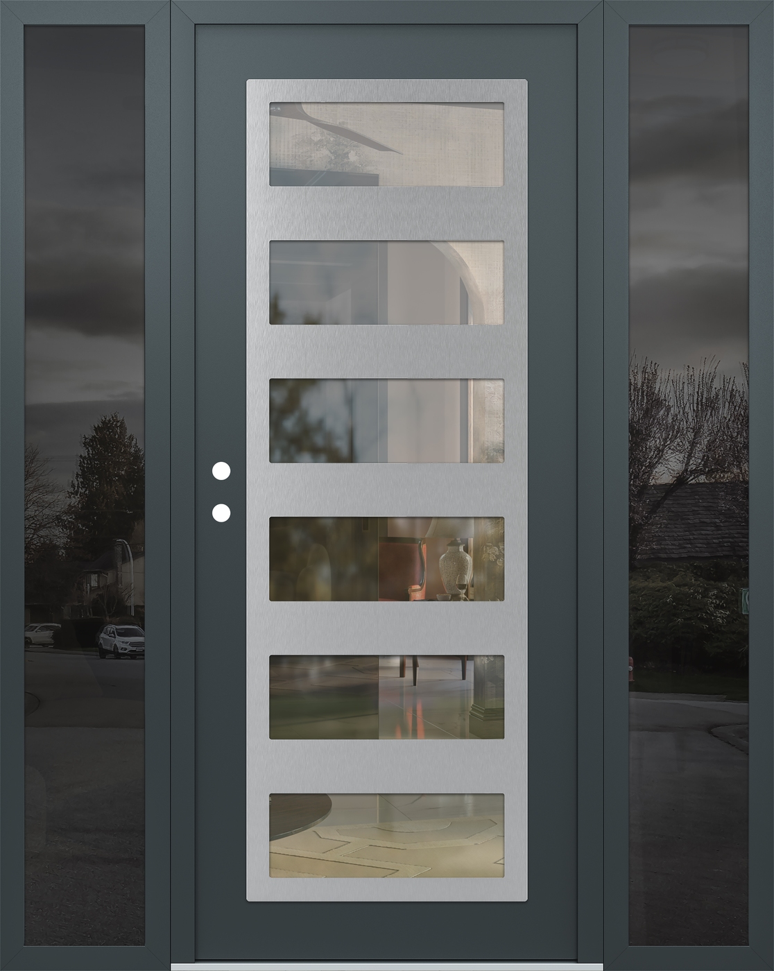 Modern Steel Front Door Diamond C9 60" x 80" anthracite/anthracite clear Glass Panel stainless steel RHI with 2 Sidelites mirrored Glass
