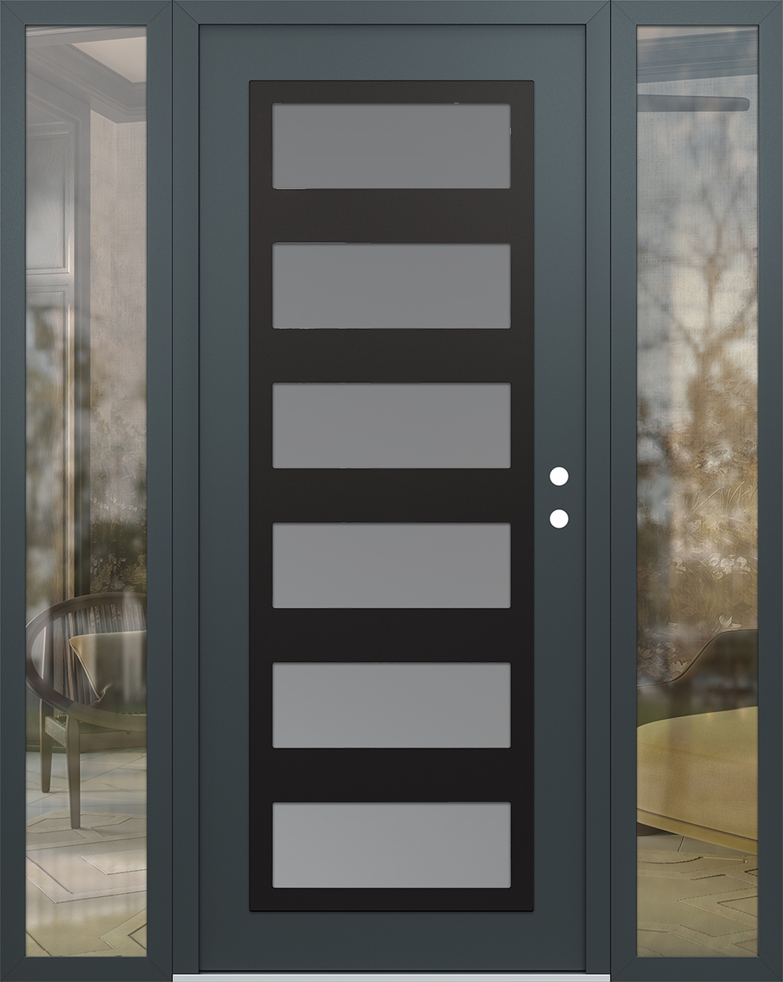 Modern Steel Front Door Diamond C9 60" x 80" anthracite/anthracite frosted Glass Panel black LHI with 2 Sidelites clear Glass