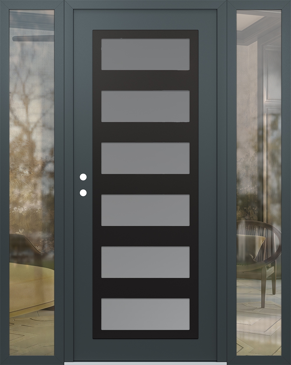 Modern Steel Front Door Diamond C9 60" x 80" anthracite/anthracite frosted Glass Panel black RHI with 2 Sidelites clear Glass