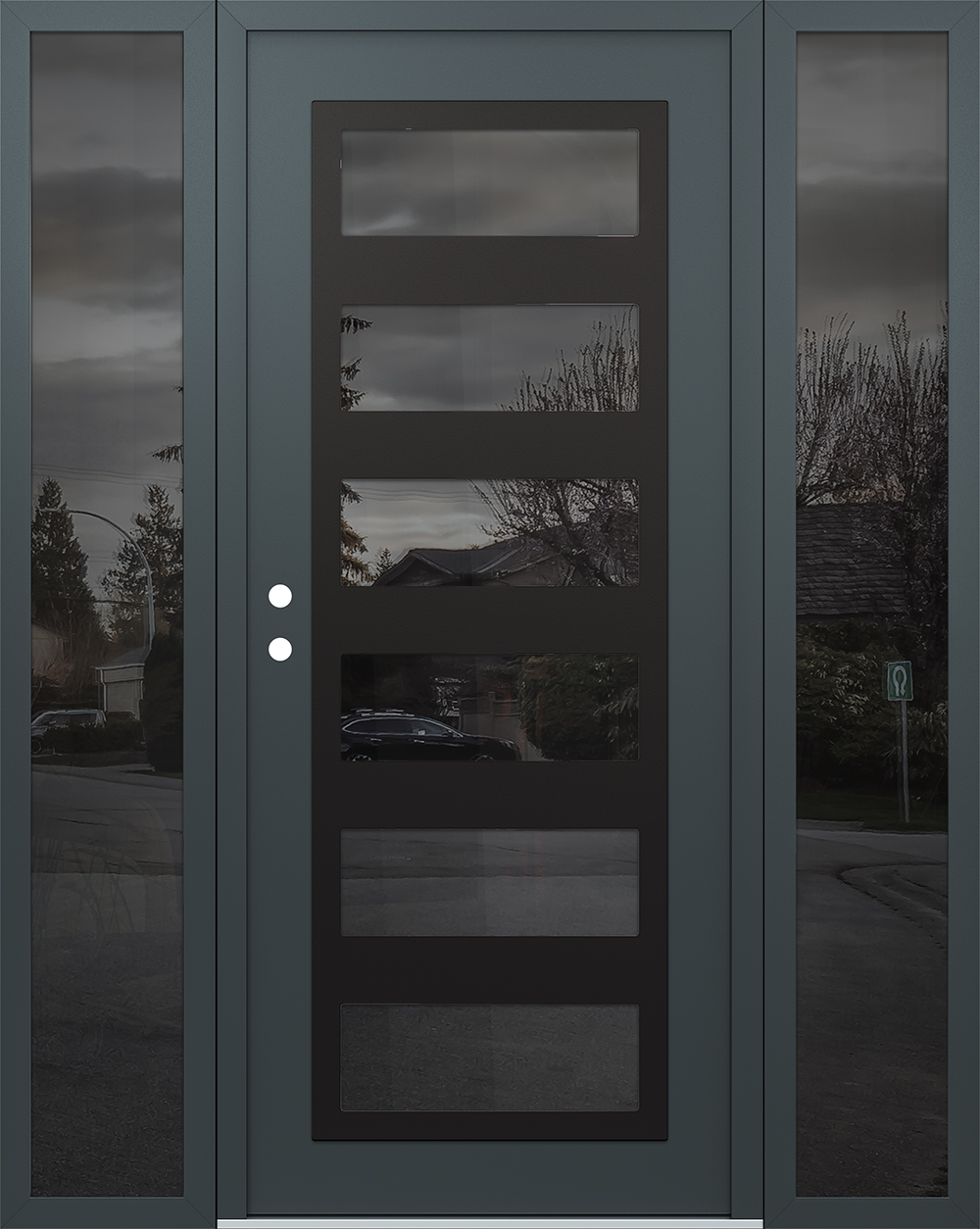 Modern Steel Front Door Diamond C9 60" x 80" anthracite/anthracite mirrored Glass Panel black RHI with 2 Sidelites mirrored Glass