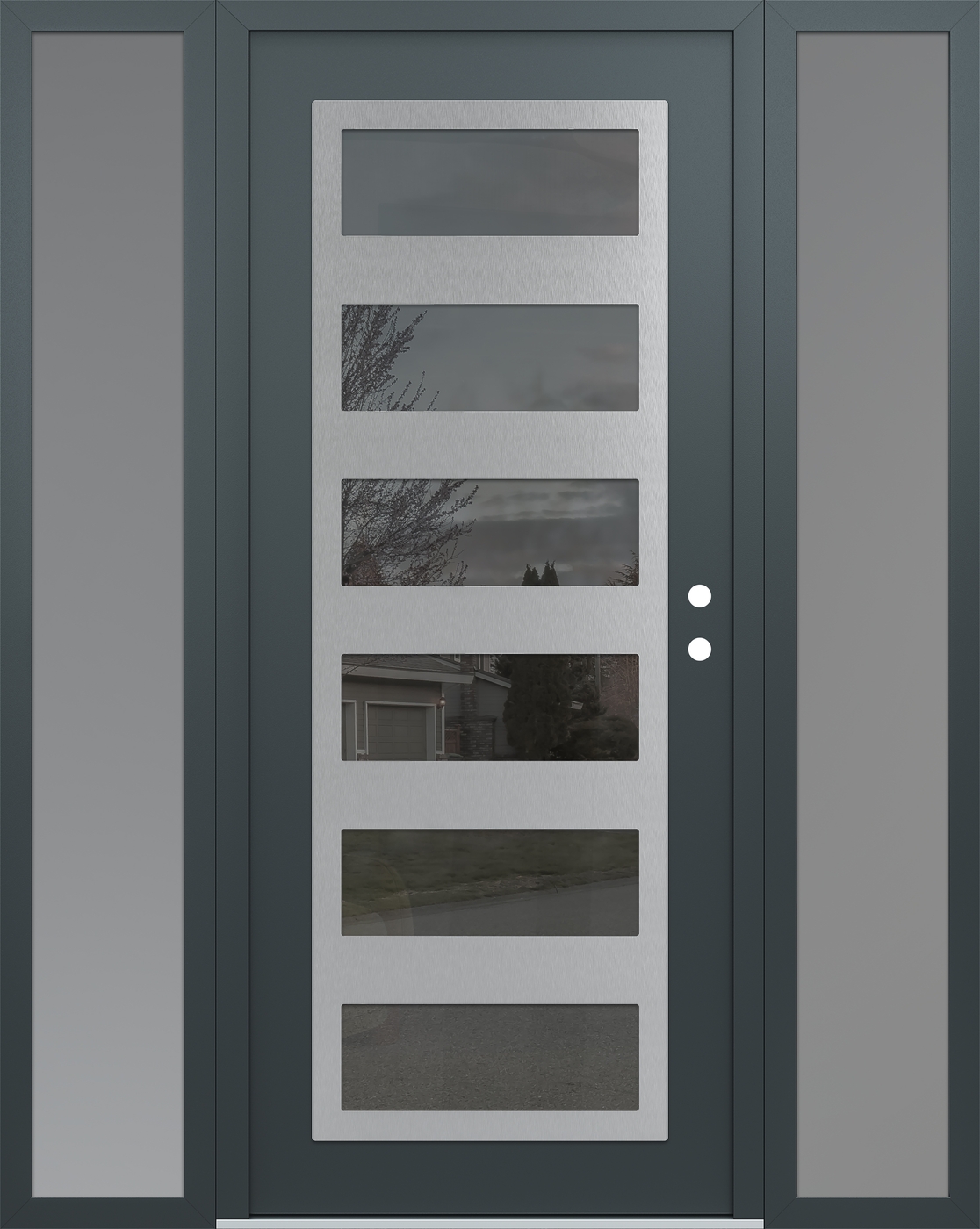 Modern Steel Front Door Diamond C9 60" x 80" anthracite/anthracite mirrored Glass Panel stainless steel LHI with 2 Sidelites frosted Glass
