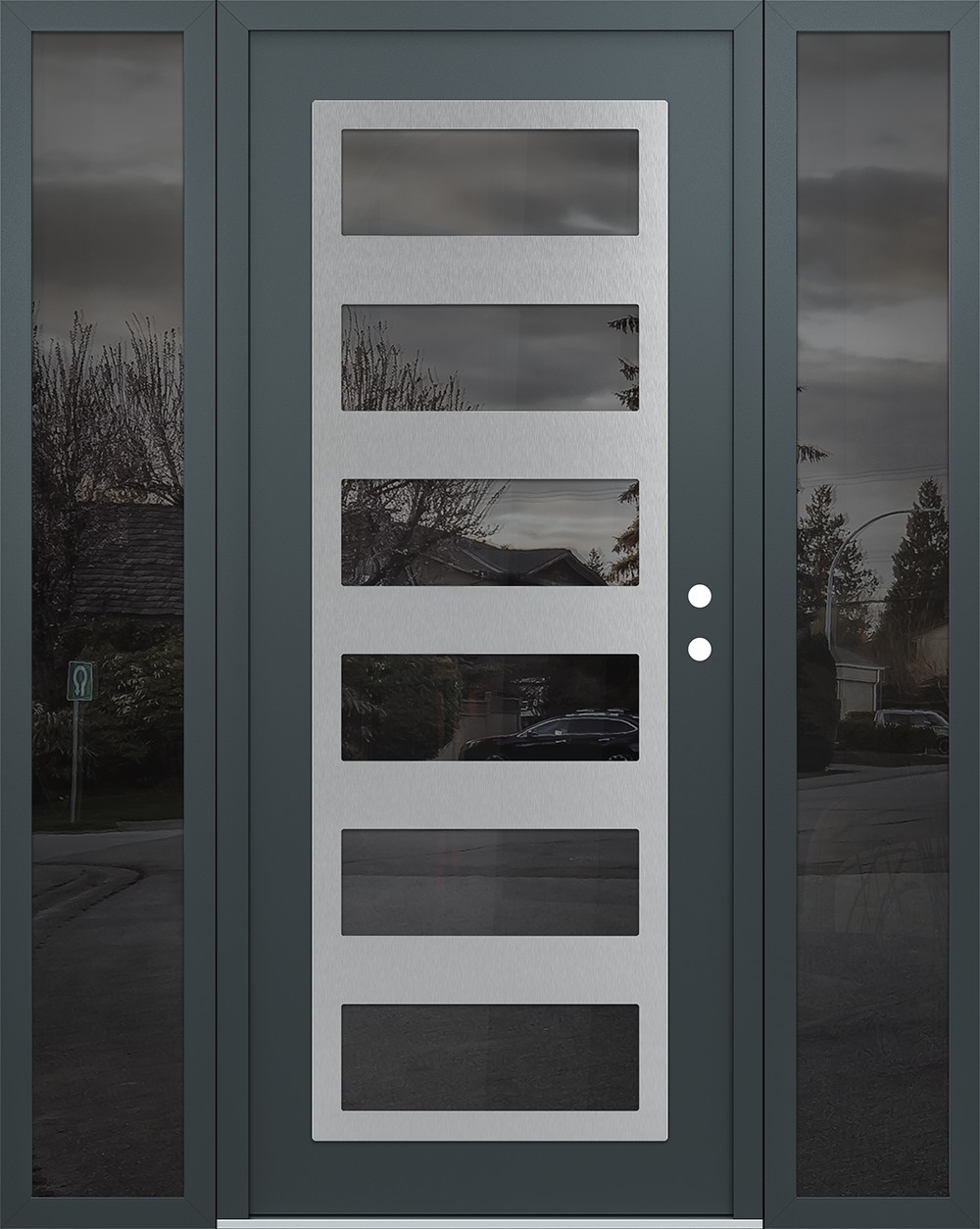 Modern Steel Front Door Diamond C9 60" x 80" anthracite/anthracite mirrored Glass Panel stainless steel LHI with 2 Sidelites mirrored Glass