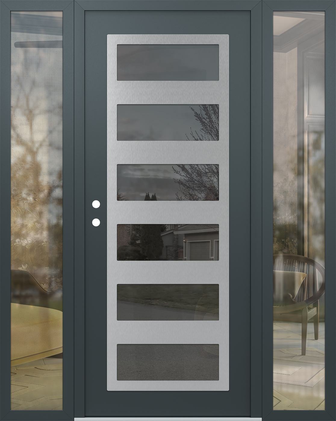 Modern Steel Front Door Diamond C9 60" x 80" anthracite/anthracite mirrored Glass Panel stainless steel RHI with 2 Sidelites clear Glass