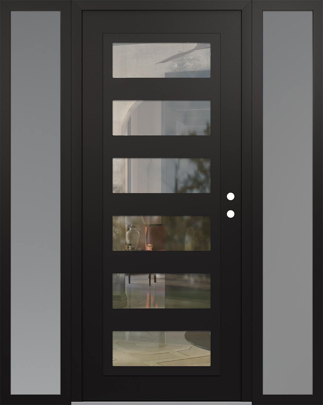 Modern Steel Front Door Diamond C9 60" x 80" black/black clear Glass Panel black LHI with 2 Sidelites frosted Glass