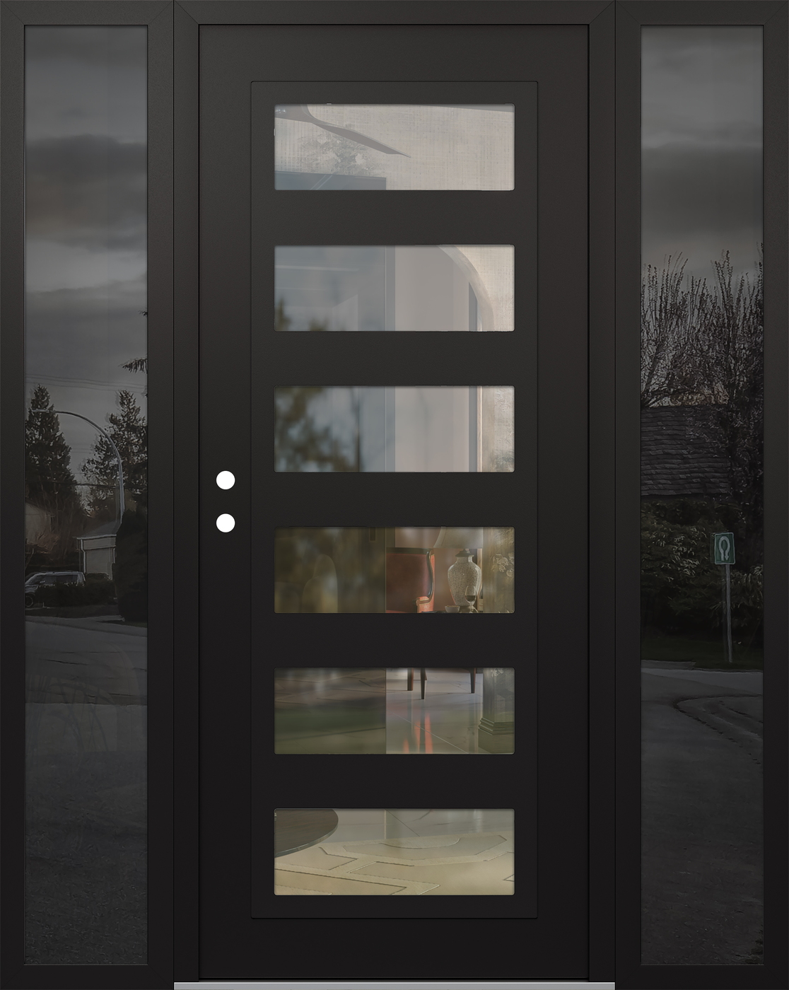 Modern Steel Front Door Diamond C9 60" x 80" black/black clear Glass Panel black RHI with 2 Sidelites mirrored Glass
