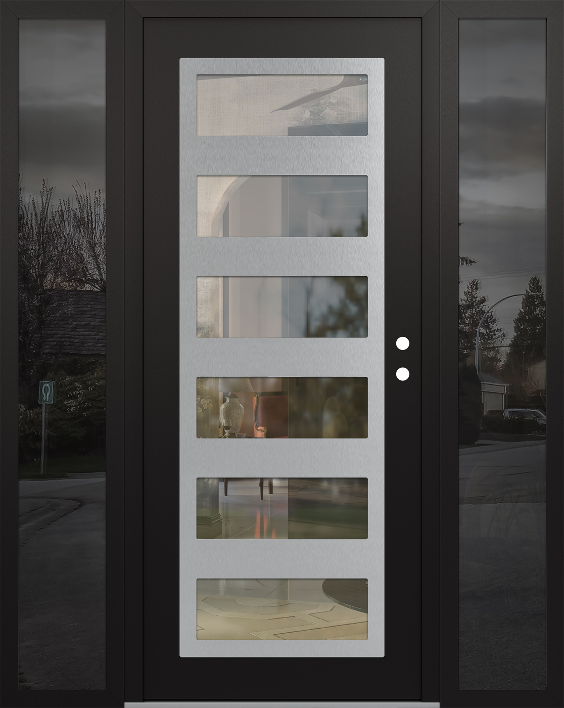 Modern Steel Front Door Diamond C9 60" x 80" black/black clear Glass Panel stainless steel LHI with 2 Sidelites mirrored Glass