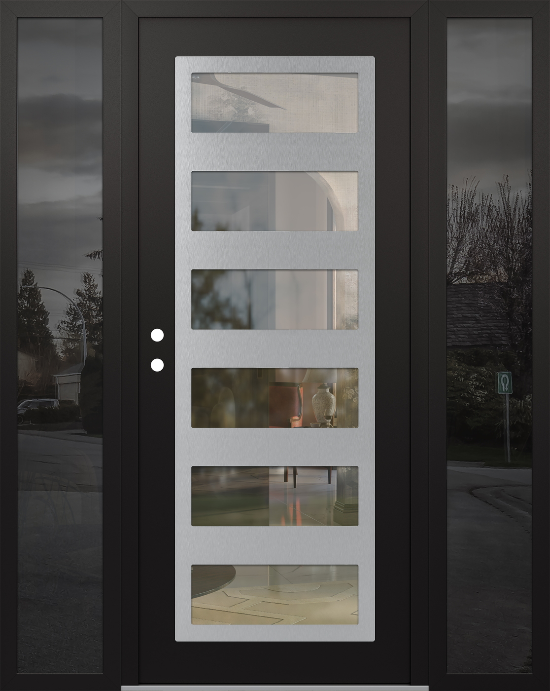 Modern Steel Front Door Diamond C9 60" x 80" black/black clear Glass Panel stainless steel RHI with 2 Sidelites mirrored Glass
