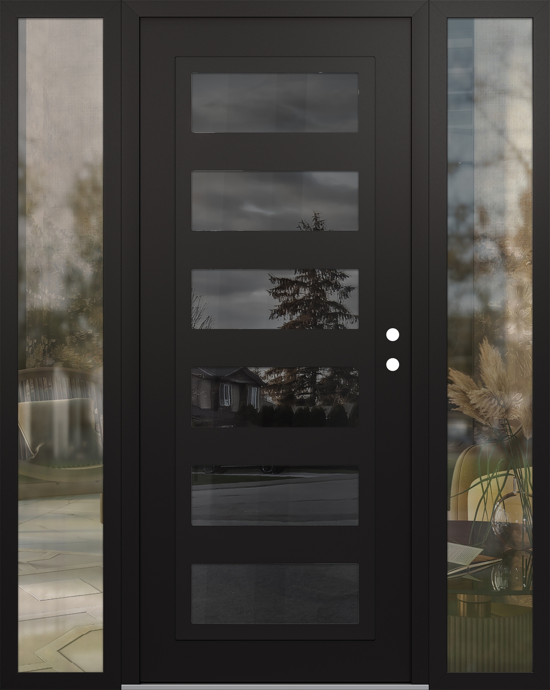 Modern Steel Front Door Diamond C9 60" x 80" black/black mirrored Glass Panel black LHI with 2 Sidelites clear Glass