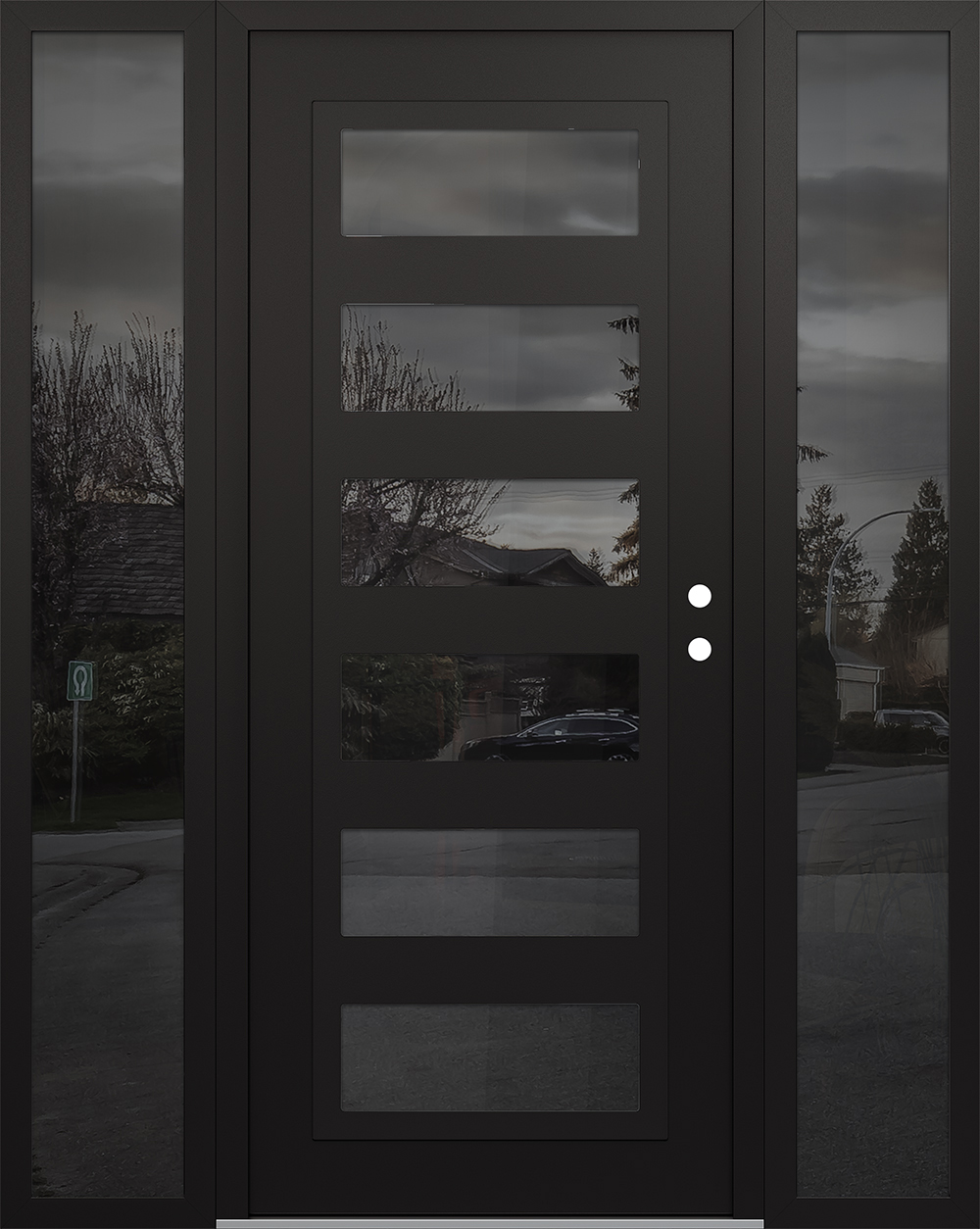 Modern Steel Front Door Diamond C9 60" x 80" black/black mirrored Glass Panel black LHI with 2 Sidelites mirrored Glass