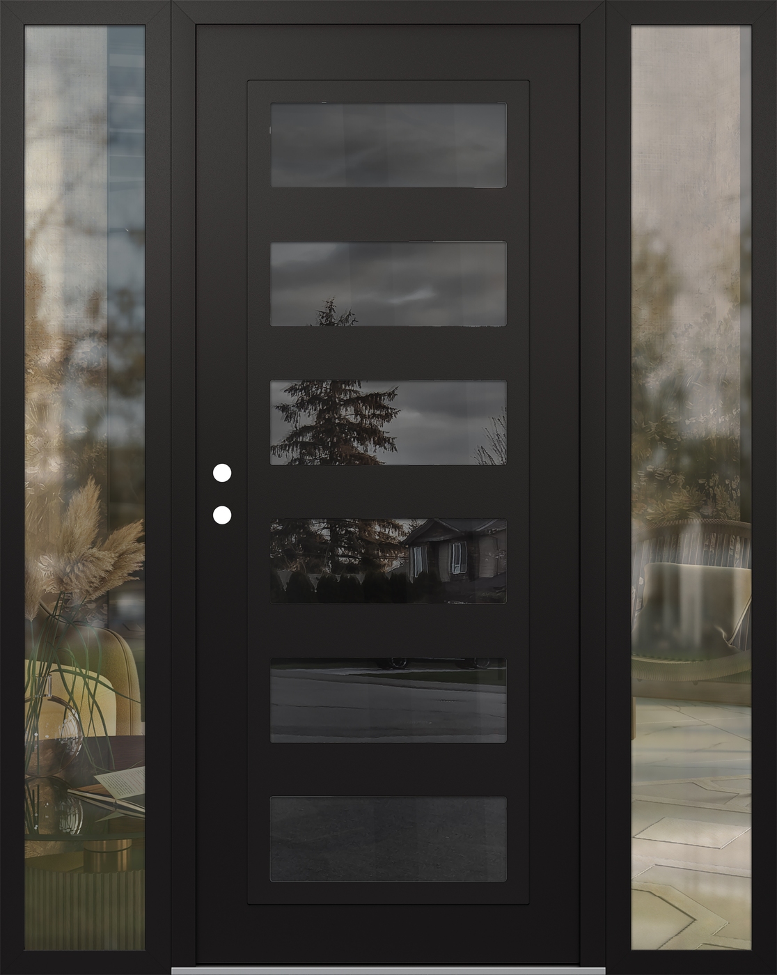 Modern Steel Front Door Diamond C9 60" x 80" black/black mirrored Glass Panel black RHI with 2 Sidelites clear Glass
