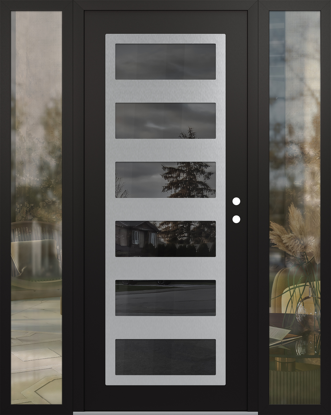 Modern Steel Front Door Diamond C9 60" x 80" black/black mirrored Glass Panel stainless steel LHI with 2 Sidelites clear Glass