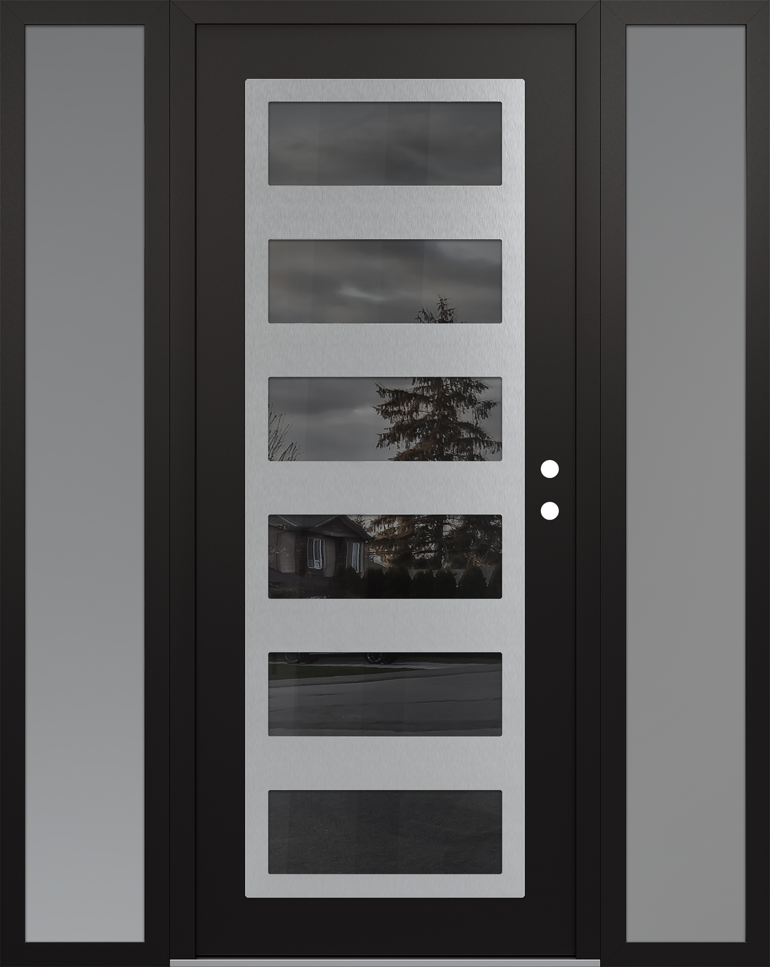 Modern Steel Front Door Diamond C9 60" x 80" black/black mirrored Glass Panel stainless steel LHI with 2 Sidelites frosted Glass