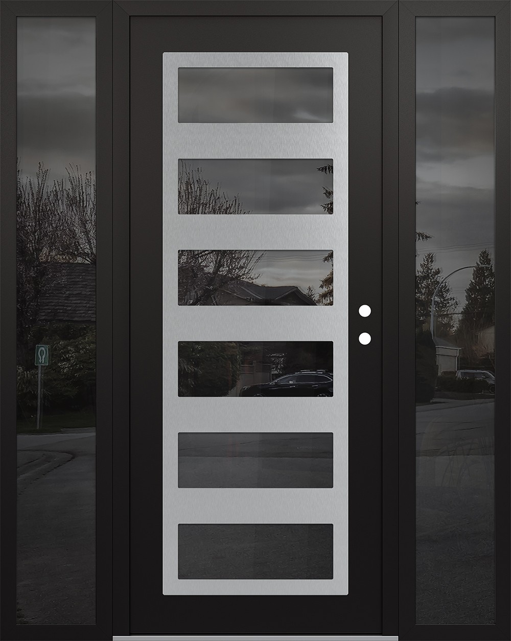 Modern Steel Front Door Diamond C9 60" x 80" black/black mirrored Glass Panel stainless steel LHI with 2 Sidelites mirrored Glass