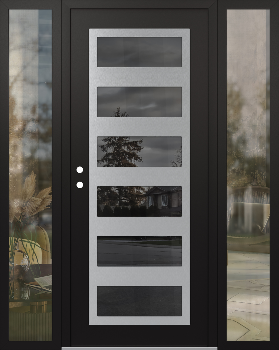 Modern Steel Front Door Diamond C9 60" x 80" black/black mirrored Glass Panel stainless steel RHI with 2 Sidelites clear Glass