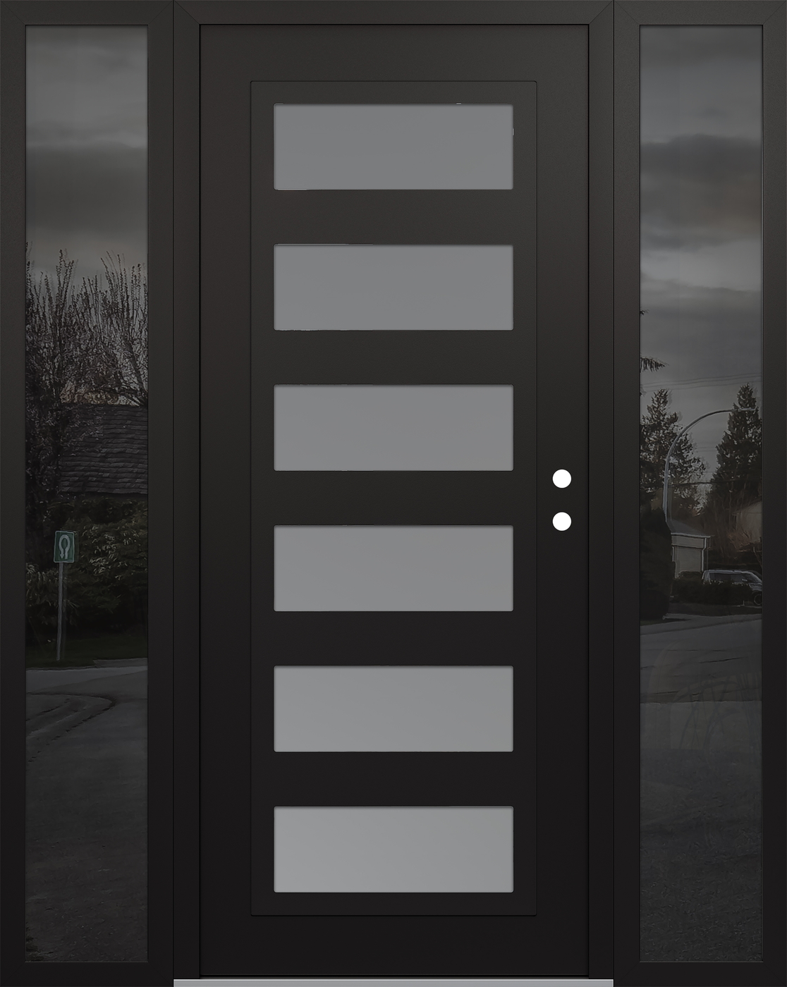Modern Steel Front Door Diamond C9 60" x 80" black/white frosted Glass Panel black LHI with 2 Sidelites mirrored Glass
