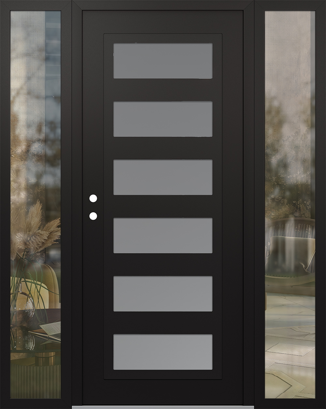 Modern Steel Front Door Diamond C9 60" x 80" black/white frosted Glass Panel black RHI with 2 Sidelites clear Glass