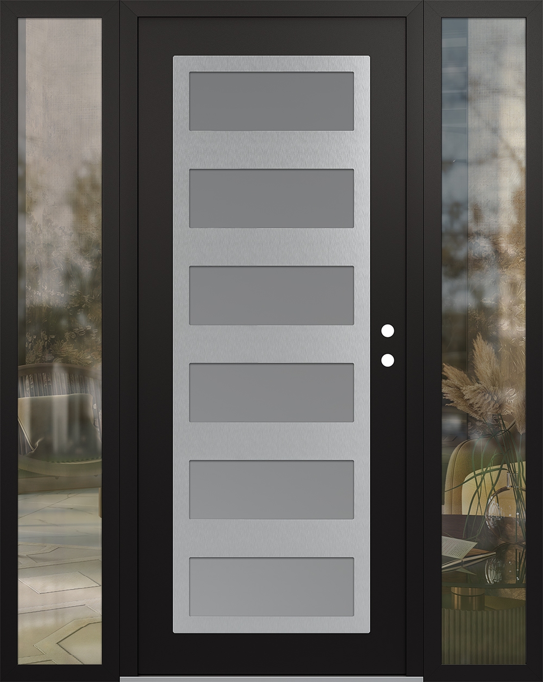 Modern Steel Front Door Diamond C9 60" x 80" black/white frosted Glass Panel stainless steel LHI with 2 Sidelites clear Glass