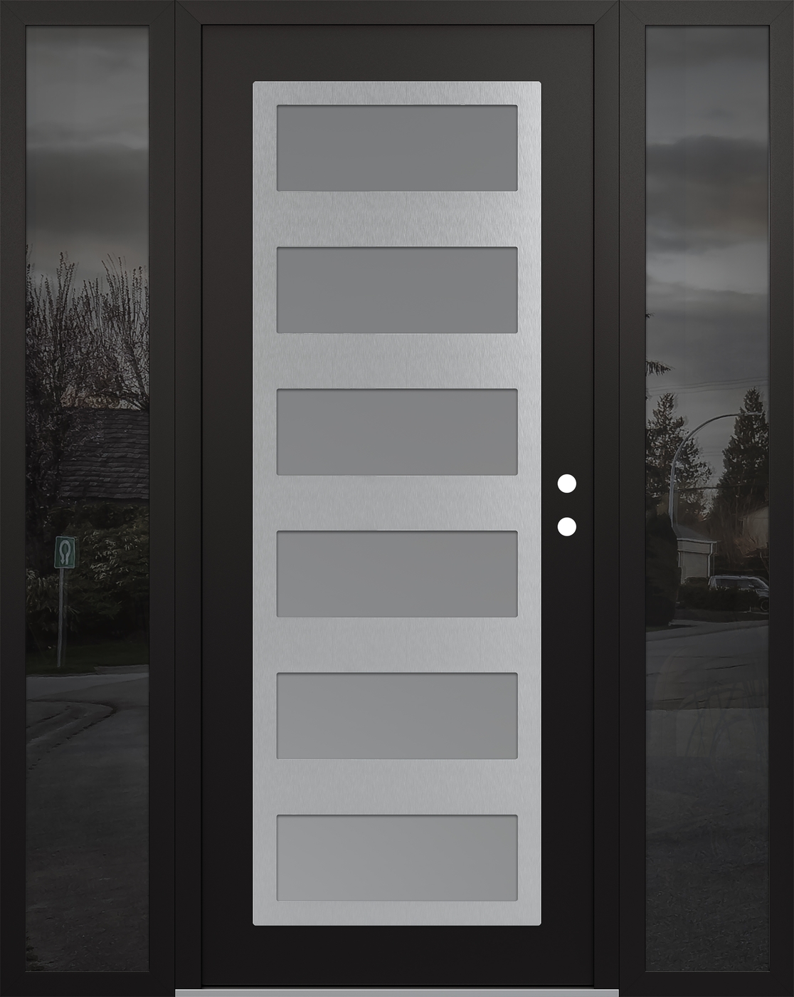 Modern Steel Front Door Diamond C9 60" x 80" black/white frosted Glass Panel stainless steel LHI with 2 Sidelites mirrored Glass