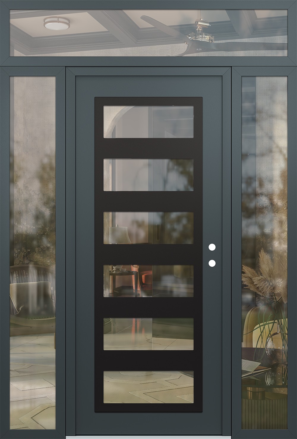 Modern Steel Front Door Diamond C9 60" x 96" anthracite/anthracite clear Glass Panel black LHI with 2 Sidelites and Transom clear Glass