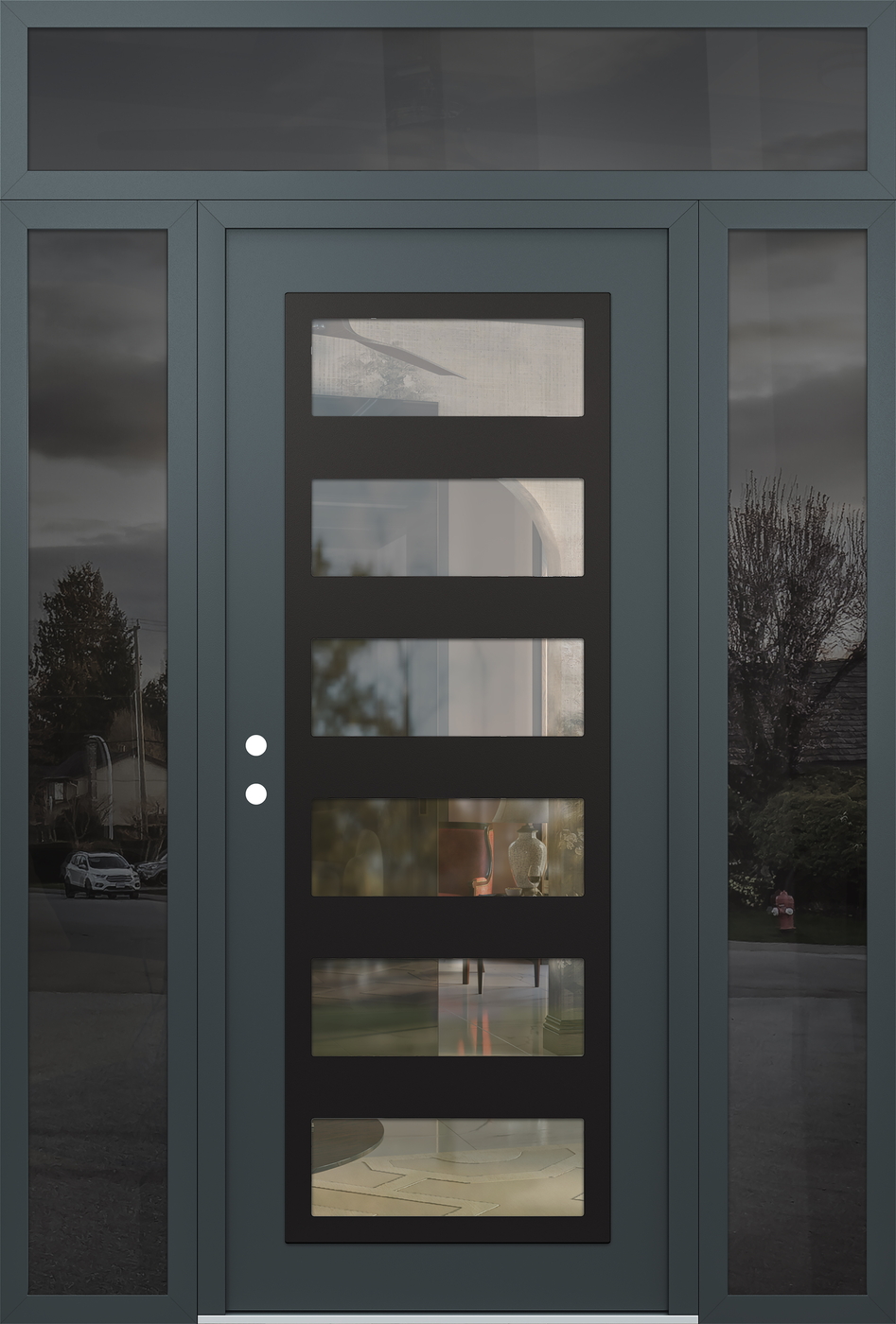 Modern Steel Front Door Diamond C9 60" x 96" anthracite/anthracite clear Glass Panel black RHI with 2 Sidelites and Transom mirrored Glass
