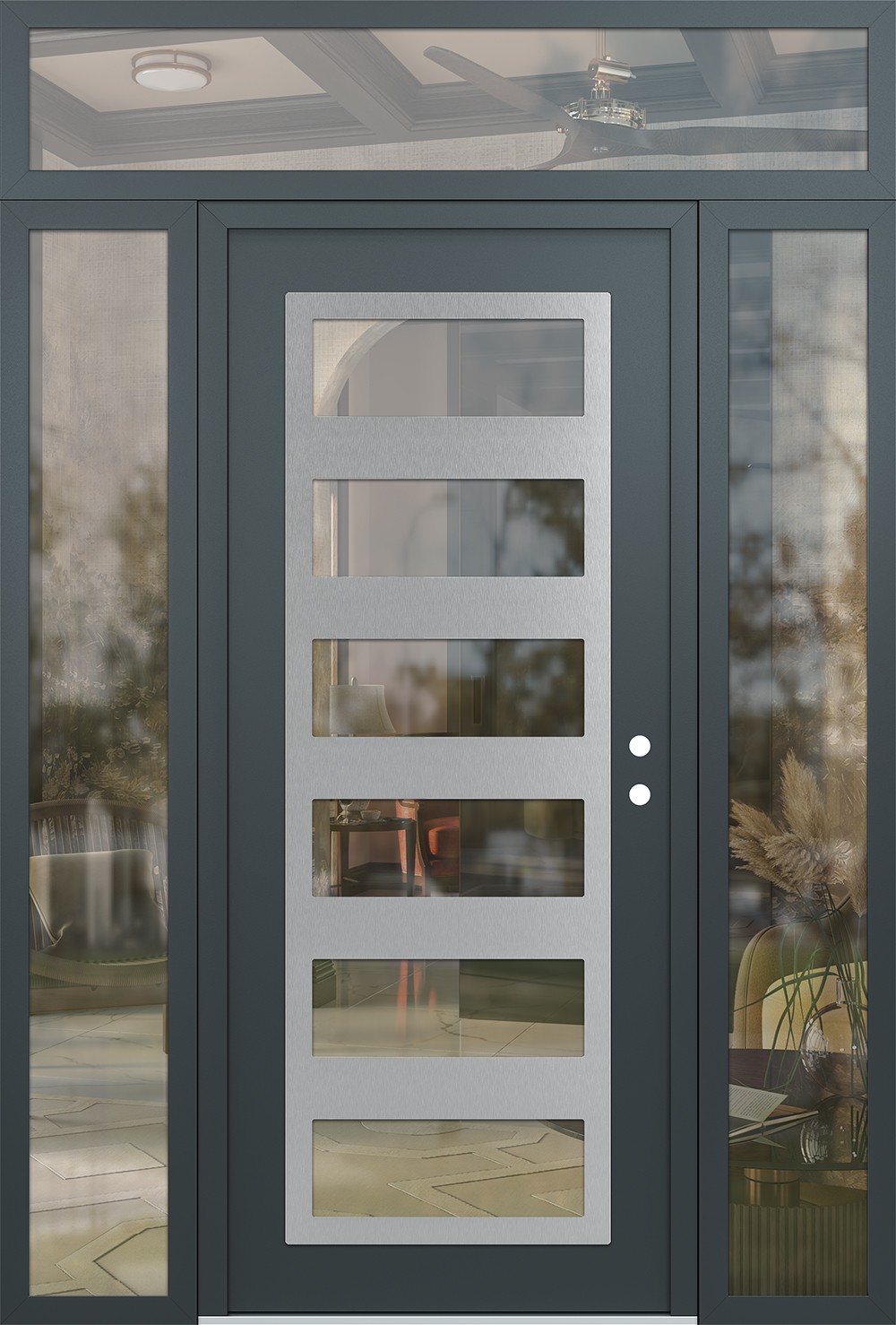 Modern Steel Front Door Diamond C9 60" x 96" anthracite/anthracite clear Glass Panel stainless steel LHI with 2 Sidelites and Transom clear Glass