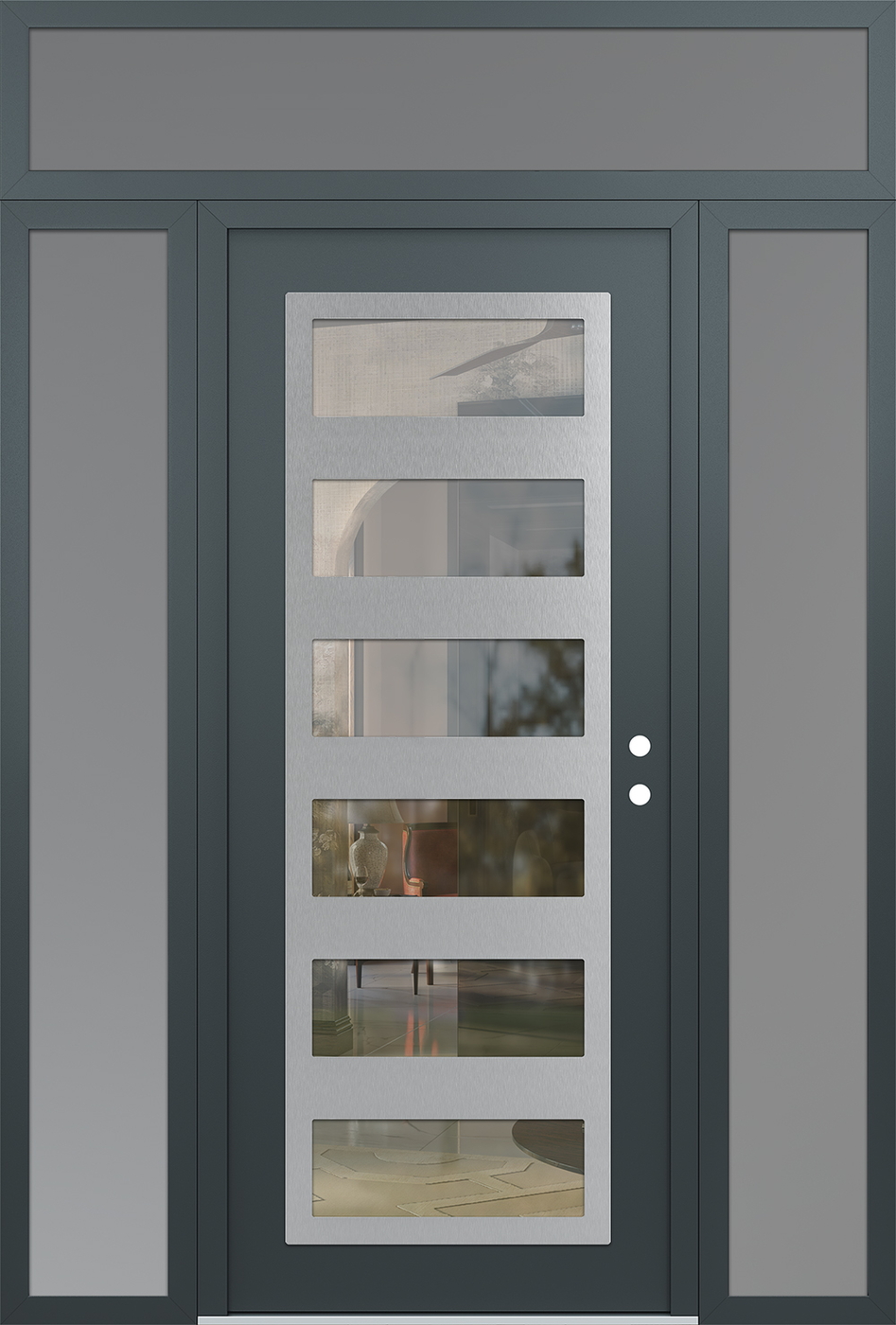 Modern Steel Front Door Diamond C9 60" x 96" anthracite/anthracite clear Glass Panel stainless steel LHI with 2 Sidelites and Transom frosted Glass