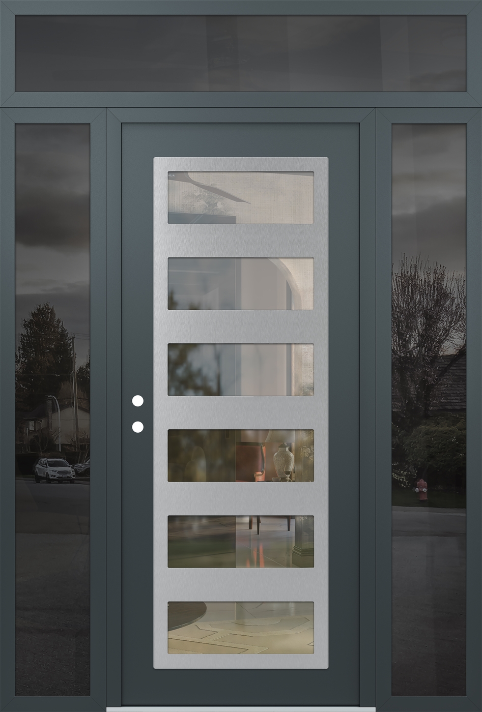Modern Steel Front Door Diamond C9 60" x 96" anthracite/anthracite clear Glass Panel stainless steel RHI with 2 Sidelites and Transom mirrored Glass