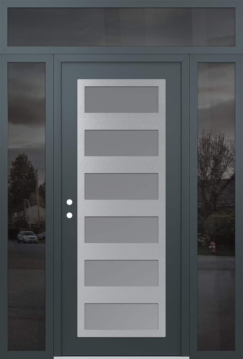 Modern Steel Front Door Diamond C9 60" x 96" anthracite/anthracite frosted Glass Panel stainless steel RHI with 2 Sidelites and Transom mirrored Glass