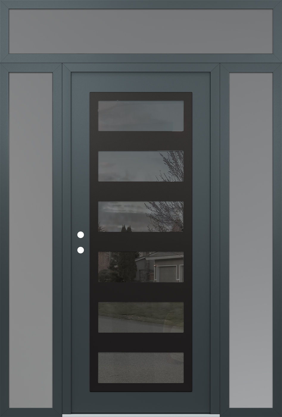Modern Steel Front Door Diamond C9 60" x 96" anthracite/anthracite mirrored Glass Panel black RHI with 2 Sidelites and Transom frosted Glass