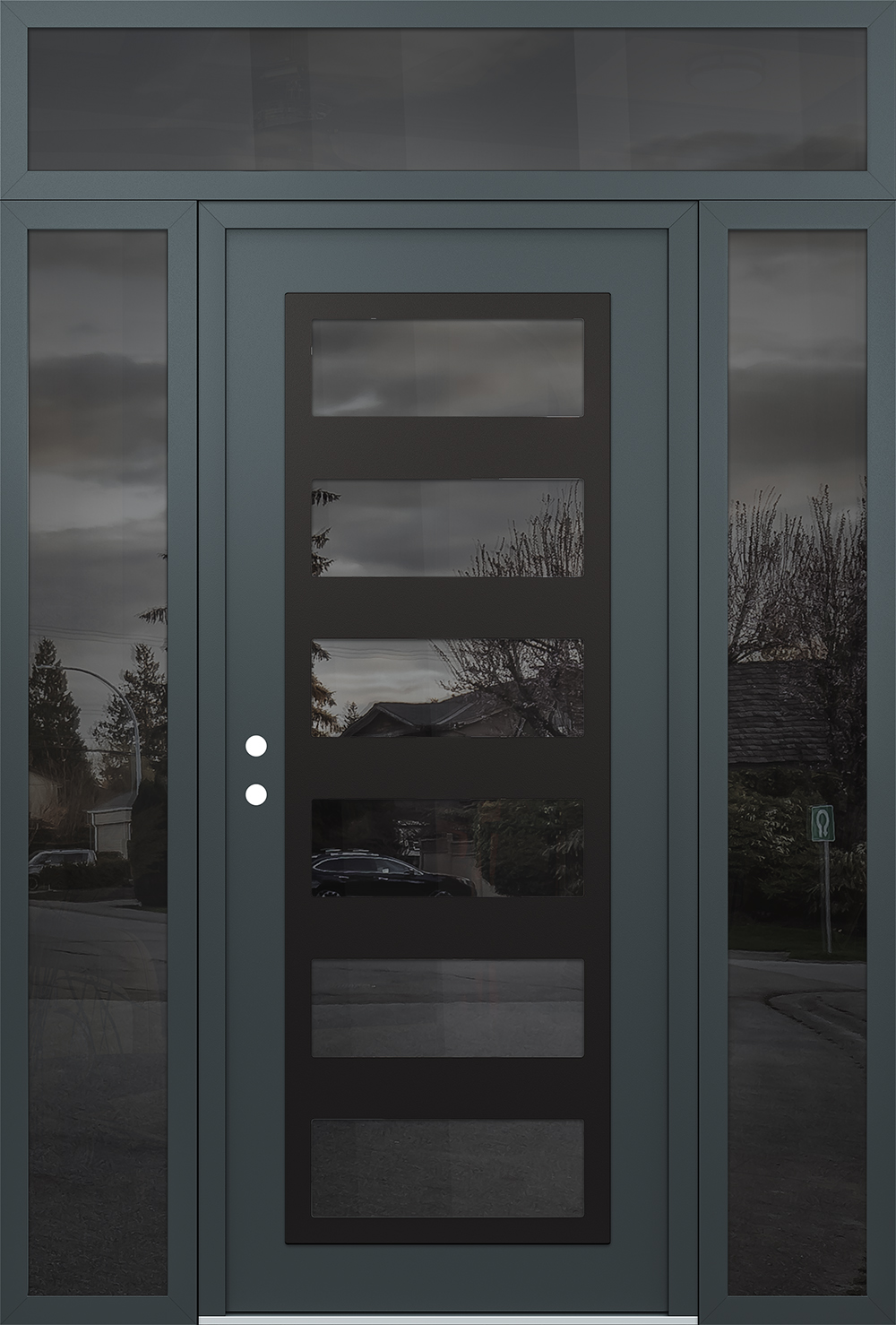 Modern Steel Front Door Diamond C9 60" x 96" anthracite/anthracite mirrored Glass Panel black RHI with 2 Sidelites and Transom mirrored Glass