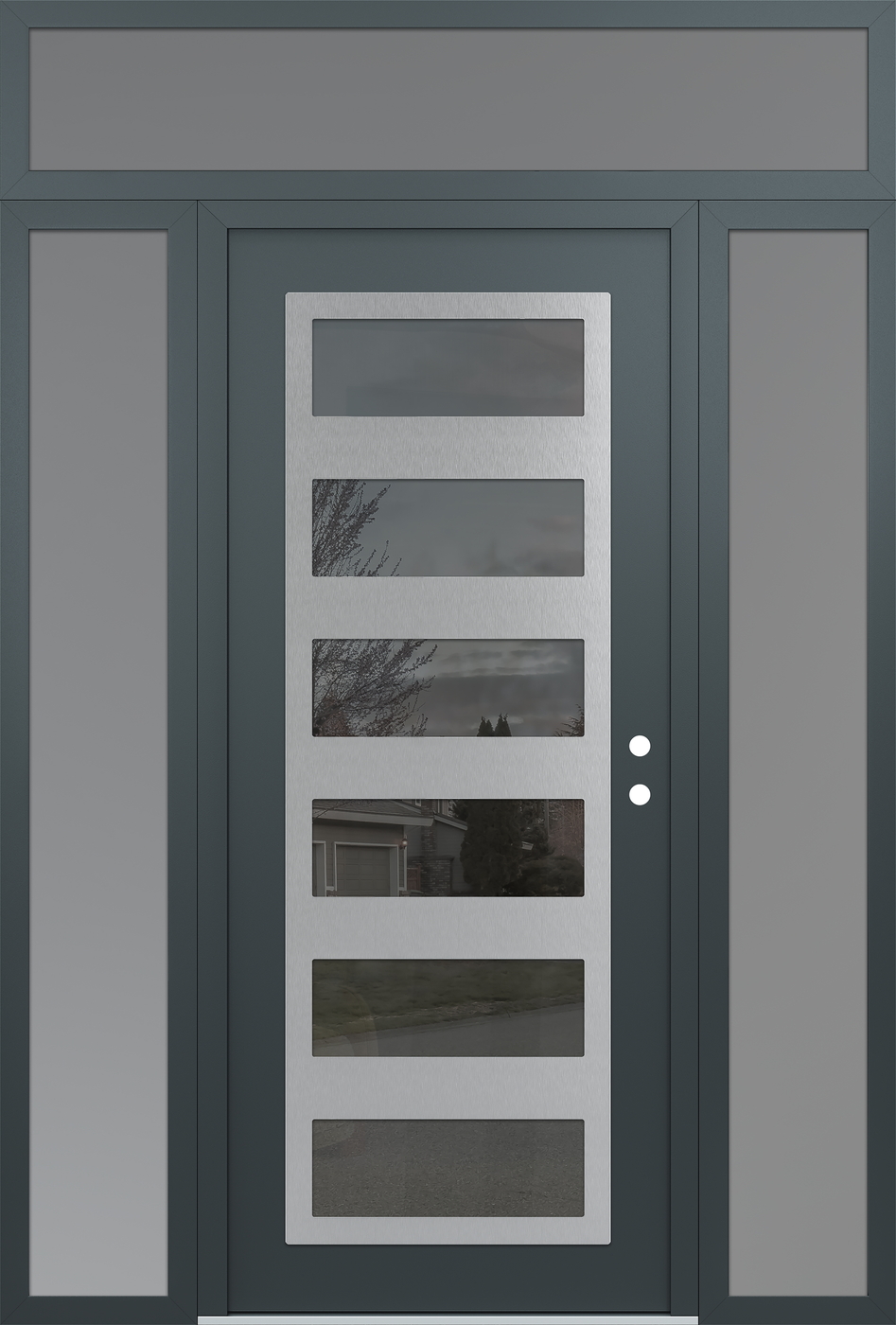Modern Steel Front Door Diamond C9 60" x 96" anthracite/anthracite mirrored Glass Panel stainless steel LHI with 2 Sidelites and Transom frosted Glass