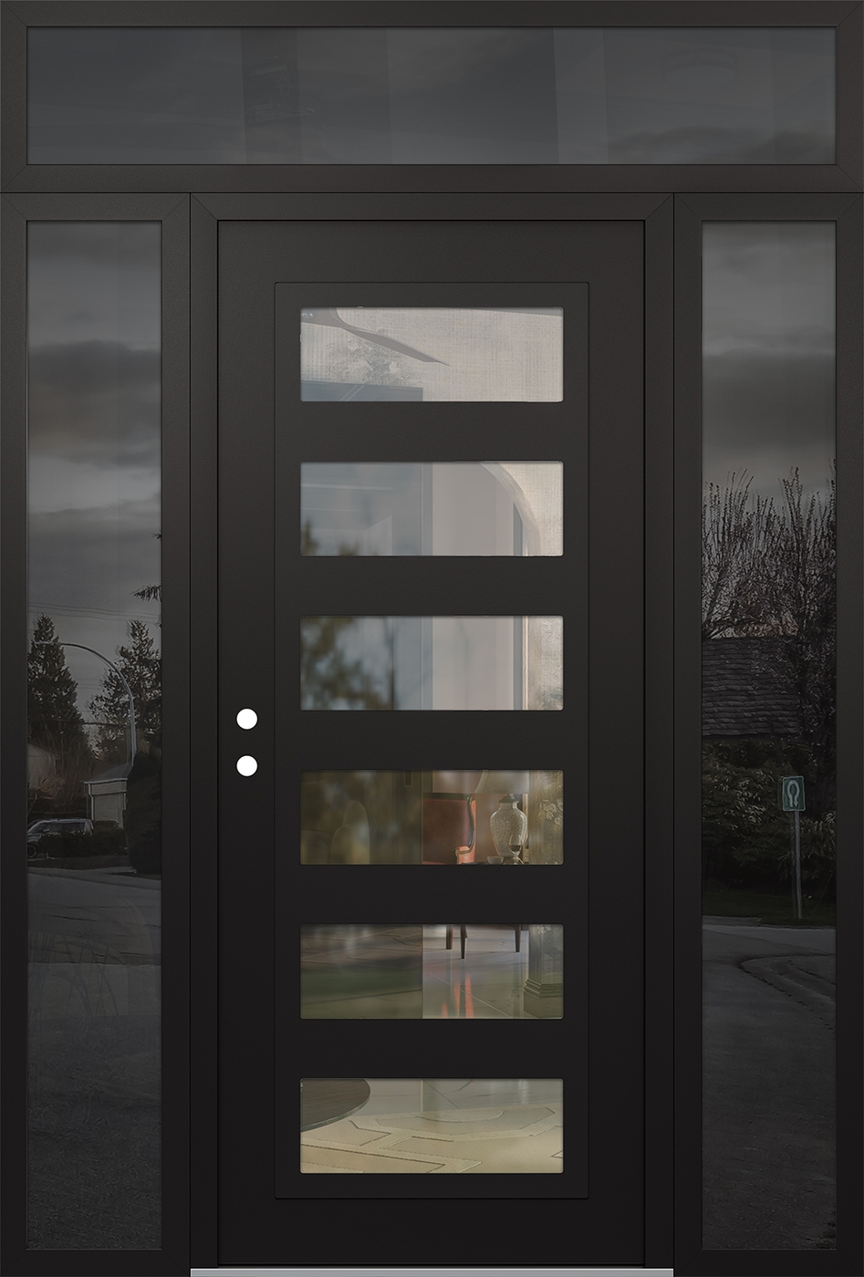 Modern Steel Front Door Diamond C9 60" x 96" black/black clear Glass Panel black RHI with 2 Sidelites and Transom mirrored Glass